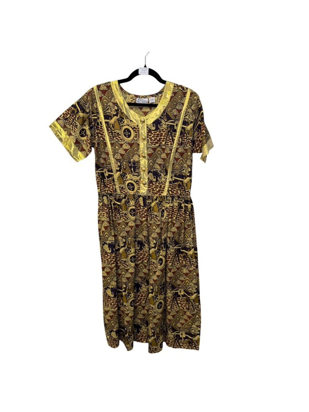 Vintage Nile Queen Egyptian Print Dress Gold Trim Cotton Made Pakistan Size SM